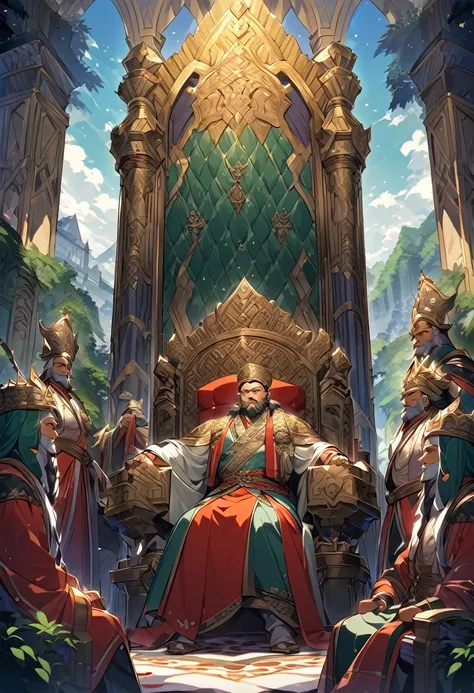 Prabu Siliwangi on the throne

"A wise king, Prabu Siliwangi, sits on a grand throne wearing traditional Sundanese royal attire, surrounded by guards and the magnificent palace, with a backdrop of mountains and dense forests."
