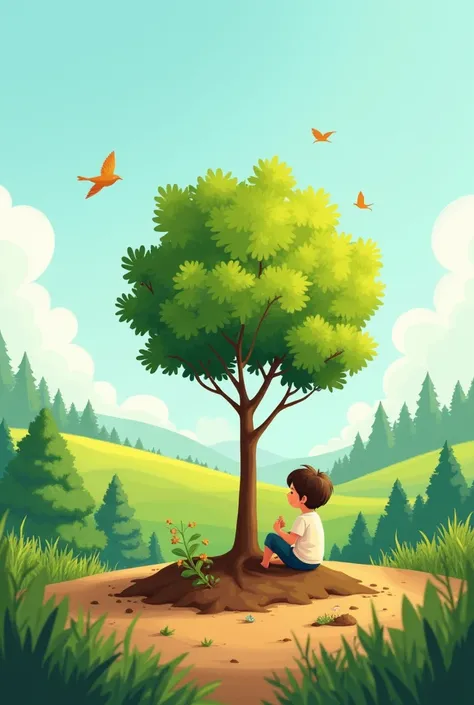 Infographic-type drawing about caring for the environment that has the phrase: "Plant a tree! This way you will have some shade to think about how to save the planet."