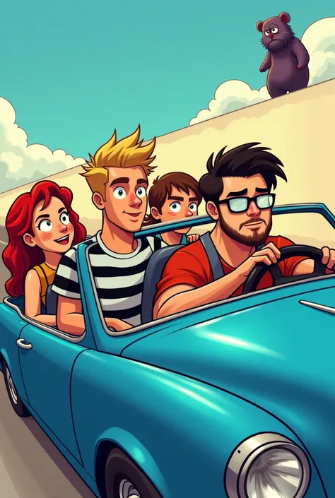 3 friends driving in a blue car. Im Hintergrund ist eine Wand auf der Aweos is standing. The friends look like this: Woman with red hair and freckles, Man with blond hair, clearly older and black and white striped shirt, Man with brown hair glasses and mus...