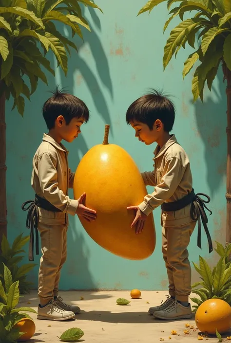 Short film poster "crazy about mangoes". 
Its about two young psychiatric patients sunbathing in their straitjackets, trying to enjoy a delicious mango, but they cant because of the straitjackets. One of them talks scientifically about the mango plant whil...