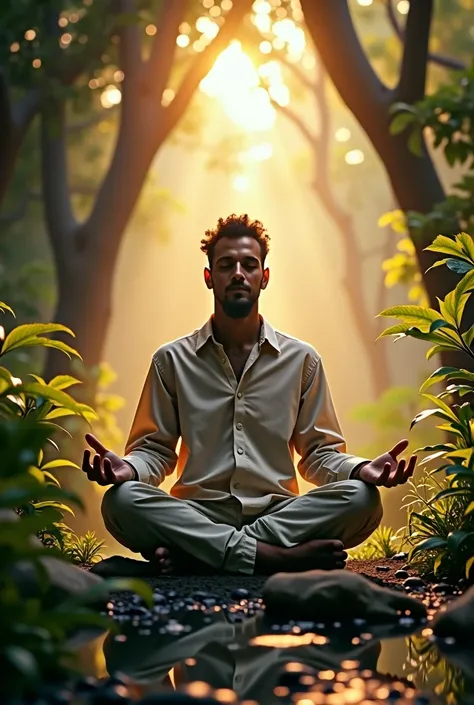 Creating a man in meditation position, with ones legs crossed, with a serene expression, with the background showing nature, with Sun , in a subtle way, where it shows that people can meditate wherever they want
