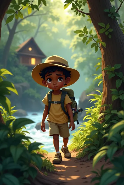 generate an image "Use the character called Phelipe, a  dark skinned boy with dark brown hair and expressive eyes, always with the same face and expression of curiosity, he has no tail. He wears a beige explorer hat, short sleeve t-shirt and light brown sh...