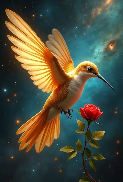 A golden hummingbird with colorful wings and a tail of prey flying carrying in its paw a red rose among stars, planetes, comets, black hole