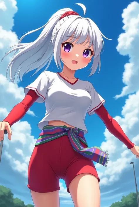 HD、Animation style、white hair 、Purple Eyes、girl、plump breasts 、High school student 、single ponytail、Baseball player、Light color short sleeve top、Long sleeve red underwear、Good shape、Thin、sash、Sky、cloud、sunny、Cycling