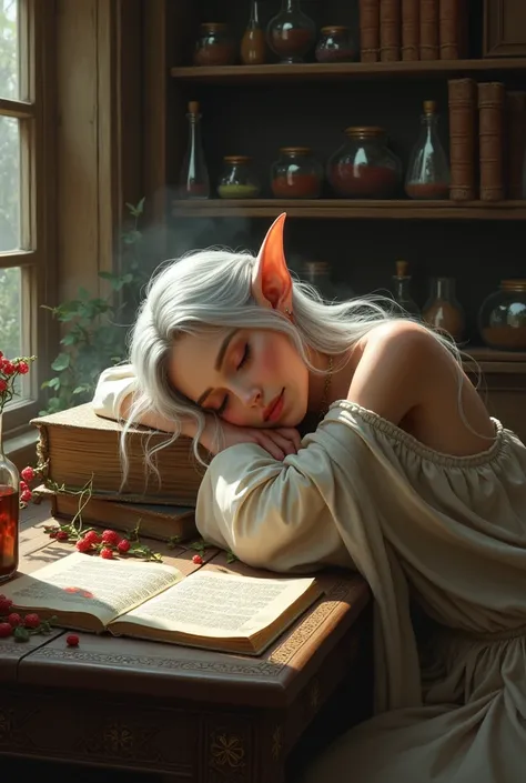 Create fantasy digital art .  Sleeping elf woman leaning over books. Table with potions and books stacked on it 