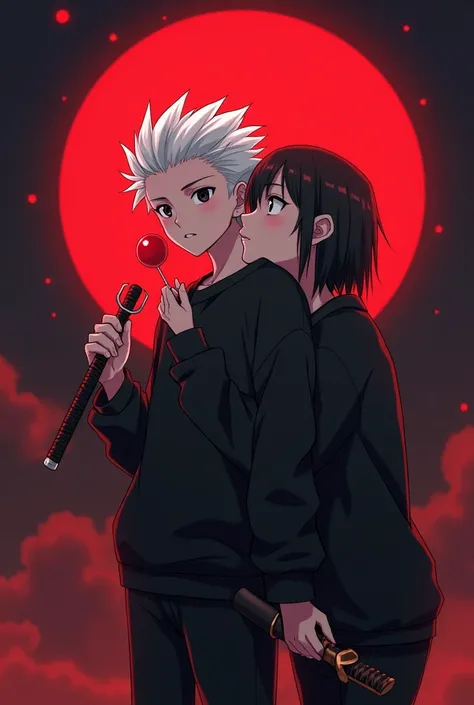 Raise a boy(アニメ) with white hair slicked up and with a lollipop and he is dressed in a black sweatshirt and black pants while holding an eclipse katana and behind him is a crimson eclipse and a serious and cold one kissing his neck