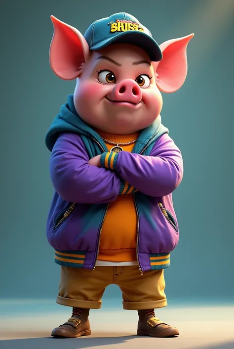 Create a Pixar-style character. This is a teenage pig with a human body., with a fixed gaze and an angry expression, crossed arms, unsmooth skin, cap, gold clothes and necklace. jacket in vibrant colors (roxa, cerulean, orange), variation with sunglasses. ...