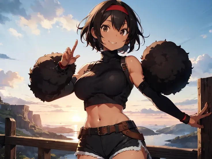 1 female, afro hair, black afro hair black girl afro hair, darker skin, brown skin, huge breast, thick legs, light blue eyes, , yuffie kisaragi, final fantasy, short hair,headband,navel,sleeveless,turtleneck,brown eyes,sleeveless turtleneck,solo,breasts,lo...