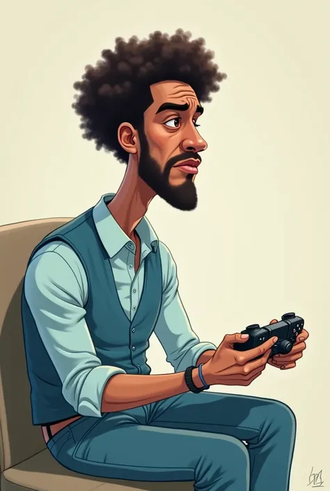 Tall Man, skinny, brown skin, no tattoos, no muscles, curly hair, tired face, very short beard, light blue shirt, light blue vest and playing play station, caricature type