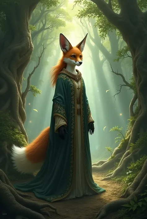 A fox woman priest in a dense forest