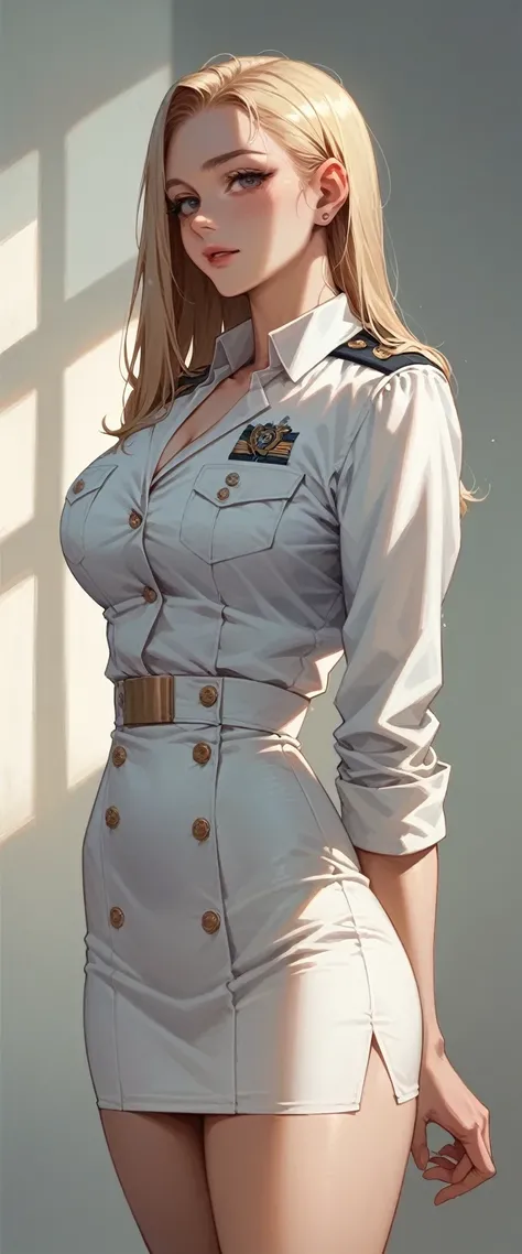 A sexy blonde girl with a voluptuous body wearing a new short naval dress uniform, It&#39;s too sexy and sensual, It has white lingerie with gold, It is for the exclusive use of your wife, a dress with a half-nipple neckline, low-cut back and only covers h...