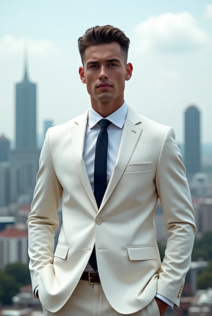 A young white man with 30 years, with no beard, veredor of the city, with an white suit and tie with the city of sao paolo behind