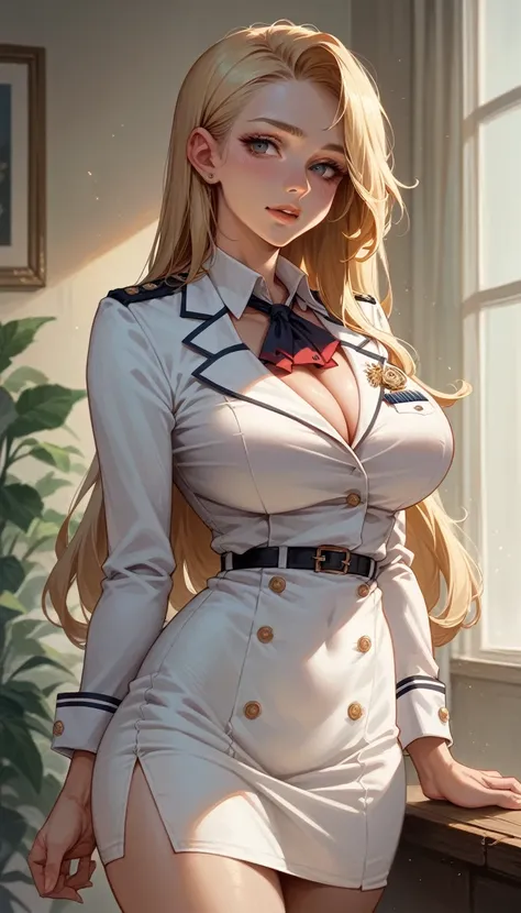 A sexy blonde girl with a voluptuous body wearing a new short naval dress uniform, It&#39;s too sexy and sensual, It has white lingerie with gold, It is for the exclusive use of your wife, a dress with a half-nipple neckline, low-cut back and only covers h...