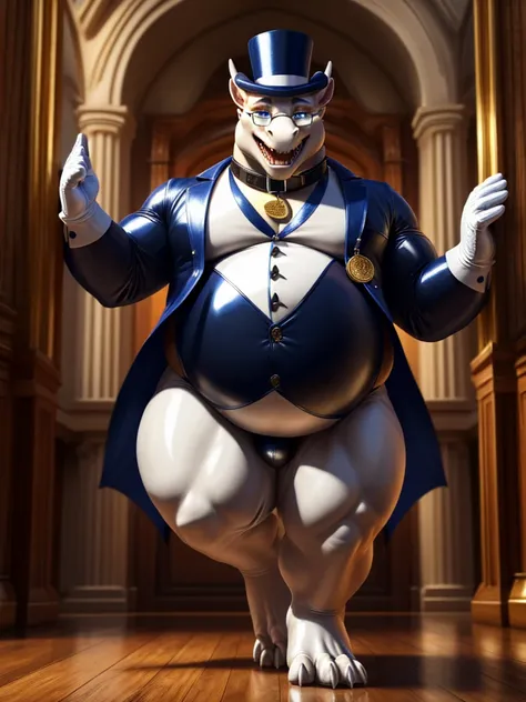 Dragon, leather collar, white rubber gloves on hands and feet, wearing white spats on feet, white fancy spats on feet, fat, bulging belly, large belly, magician outfit, stomping the ground, stomping feet on the ground, rubbing his belly, walking towards vi...