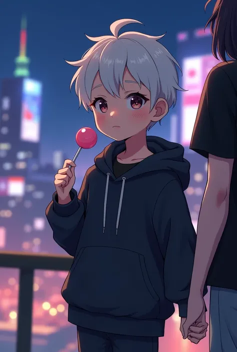 Raise a boy(アニメ) with white hair slicked up and with a small round lollipop and he is dressed in a black sweatshirt and black pants underneath the hooded sweatshirt a black shirt and the landscape behind a beautiful night of a city and holding his hand is ...