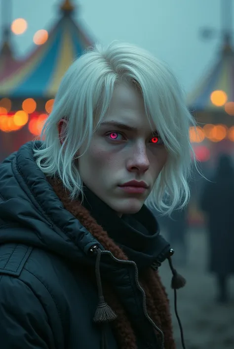 A handsome man with soft features, albino and with reddish purple eyes, wearing winter clothes, with medium-length hair over the entire forehead, with a serious face, In the background a somewhat gloomy circus 