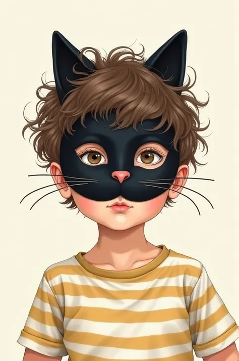 As a drawing of a boy who has brown hair and who has a beige-white striped shirt and who has a black cat mask 