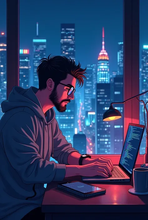 Create a anime with small beard web developer who is doing coding in his laptop and coding is show on their laptop screen and coffee and smoking vape on their table  in their room and see the city view through window at night .create in 4k quality