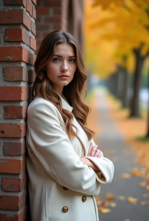 a woman with long wavy hair, wearing a white coat with large buttons, arms crossed, leaning against a brick wall with colorful autumn leaves, looking down a pathway lined with trees, smooth skin, outdoor autumn scenery, soft natural lighting, warm and cozy...