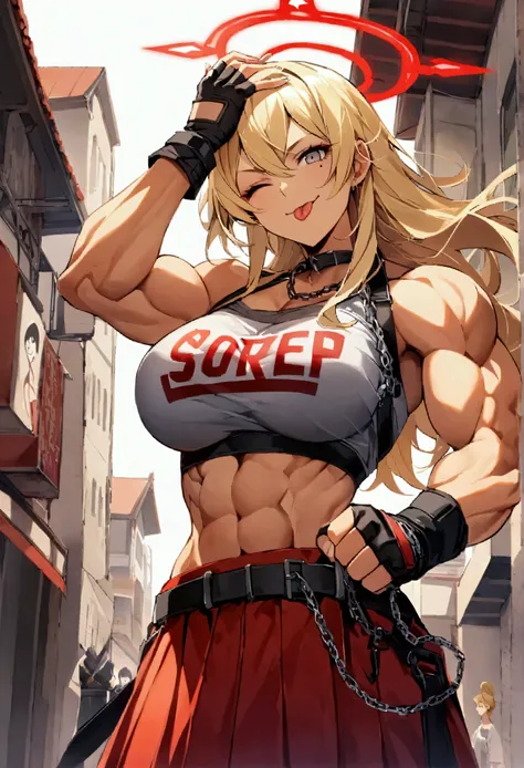 score_9, score_8_up, score_7_up, tongue out, hand up, clenched hand, hand on own head, one eye closed, :p, ;P, smile,  akekur, grey eyes, blonde hair, long hair, mole under eye, red halo, large breasts, muscular female, chest sarashi, red gloves, fingerles...