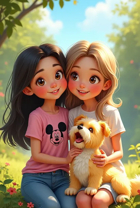 Pixar style image 3 mother white skin, freckles on the nose, Brown eyes, long black hair dressed in a pink Mickey Mouse t-shirt and jeans next to her  white-skinned daughter, hazel eyes, light brown hair with golden highlights dressed in an Elsa dress and ...