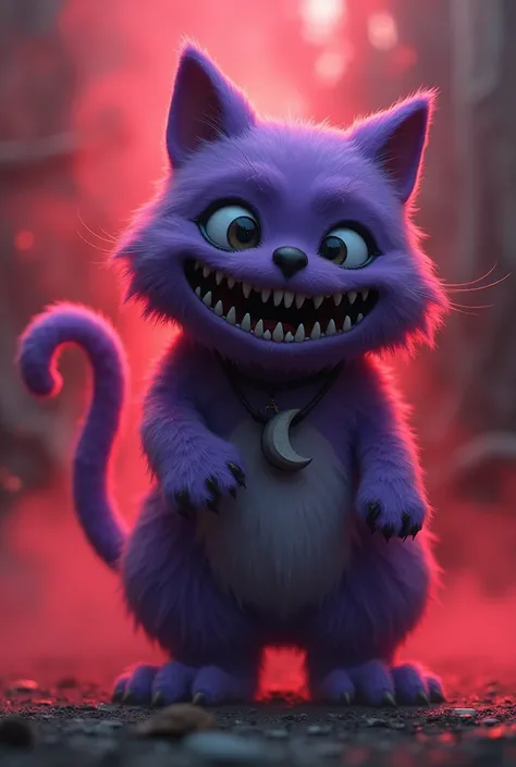 Anime giant animated cat, Catnap (Poppy Playtime), anthromorphic feral toy, (Smiling Critters), black eyes with white pupils, purple fur and skin, long cat tail, cat ears, moon necklace, scary smiling open mouth, red gas/smoke, solo, full body, black mouth...