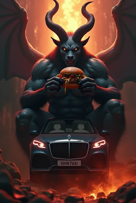 a satyr with a burger in its hands, sitting on a maybach, mythical creature, 1 satyr, burger in hand, maybach, detailed satyr face, detailed satyr body, intricate details, (best quality,4k,8k,highres,masterpiece:1.2),ultra-detailed,(realistic,photorealisti...