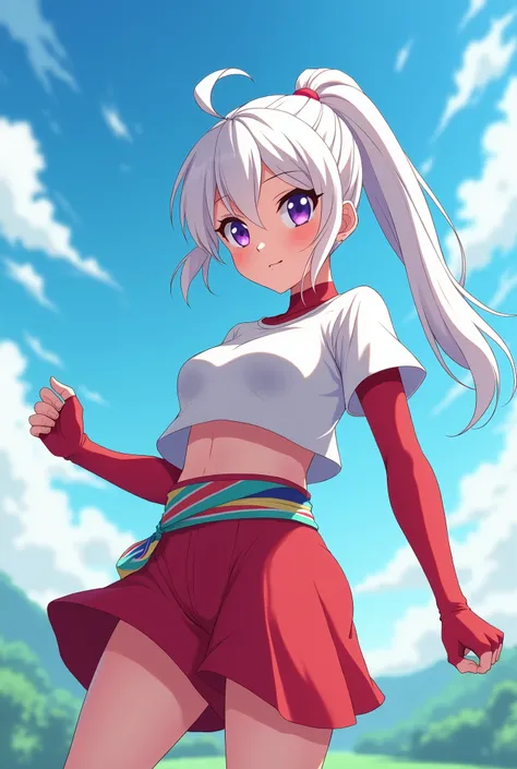 HD、Animation style、white hair 、Purple Eyes、girl、plump breasts 、High school student 、single ponytail、Baseball player、Light color short sleeve top、Long sleeve red underwear、Good shape、Thin、sash、Sky、cloud、sunny、Cycling