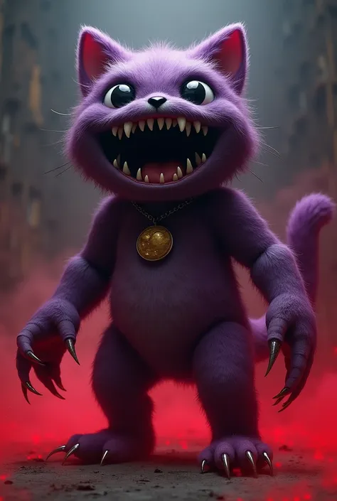 Anime giant animated cat, Catnap (Poppy Playtime), anthromorphic feral toy, (Smiling Critters), black eyes with white pupils, purple fur and skin, long cat tail, cat ears, moon necklace, scary smiling open mouth, red gas/smoke, solo, full body, black mouth...