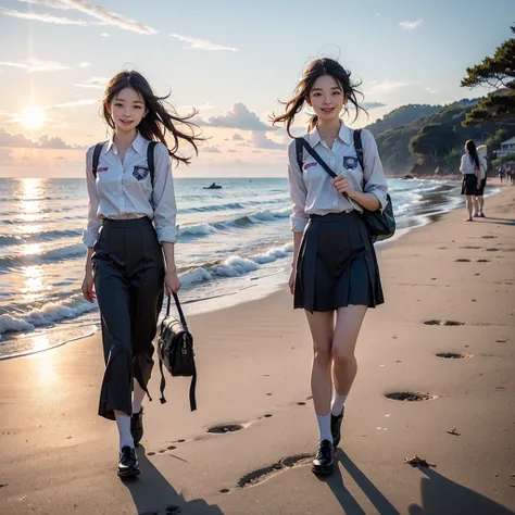 8k、RAW Photos、Highest quality、Very detailed、Super Resolution、Ultra HD、8k壁紙、Amazing details、Woman walking on the beach、(Female students in uniform)、((line))Shining Sun、blue sky、school bag、smile、Midsummer Sun、You can see the ocean
(((Full body photo)))

