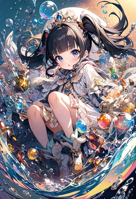 Super detailed, 8k, Glass, Water in a Glass, Glass Crystals, bubble, Right blue water, nice, bright、Splash、Black hair with blunt bangs and twin tails、witch、Characters、ゴシック パンクとアニメのwitchをイメージしたデザインに、It needs to be a combination of princess elements.。The ill...