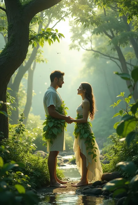 Give me a hyper realistic and photo realistic 3D image of a man and a woman in a garden seeing God&#39;s perfect creation in a large garden with a river and beautiful full of trees and small animals, barefoot, with clothes made of leaves, 