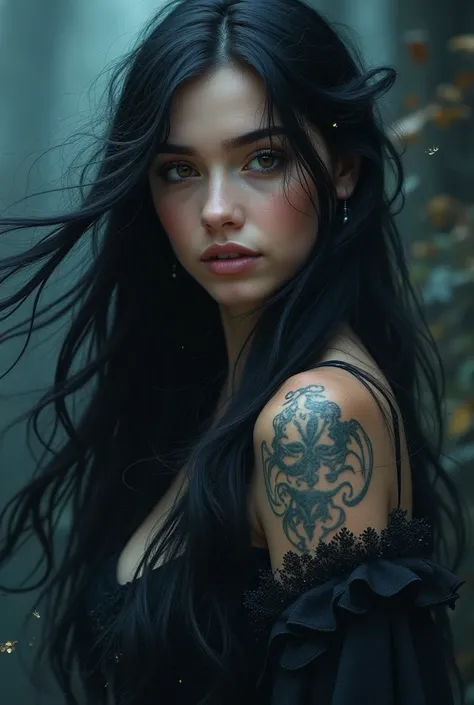 A young woman with long black hair and a witch theme 