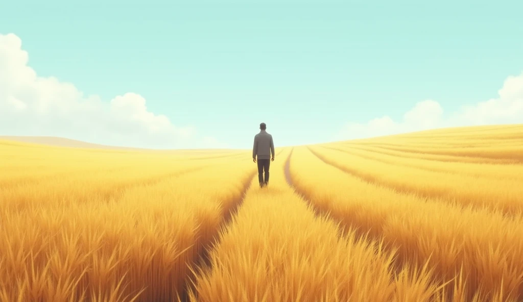 Man walking through a field of wheat – A man walking calmly through vast golden wheat fields, with a soft wind blowing the ears and a clear blue sky in the background.