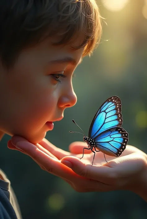 a boy with a beautiful blue butterfly landed on his hand, its wings shimmering as if made of magic, detailed face, intricate butterfly, warm lighting, cinematic, high quality, hyper-detailed, photorealistic, 8k, masterpiece