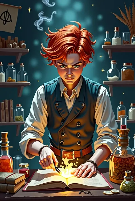 A young man with red hair is practicing alchemy.。A medieval fantasy world、Anime-style painting style。