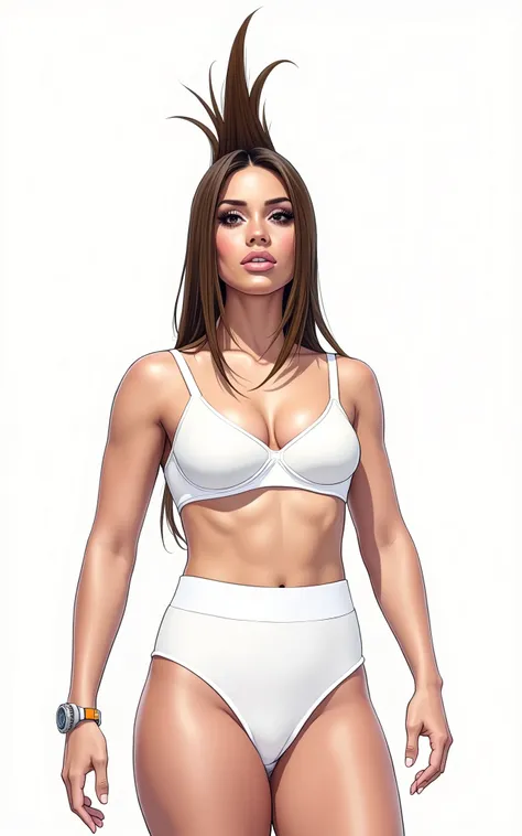 ((masterpiece, best quality)), ((((perfect anatomy)))), Latina with brown mohawk and bangs, dark eye-shadow, dark brown eyes, ((white high cut cotton panties)), white bra, confident expression, realistically proportioned, standing in a bedroom, (((realisti...