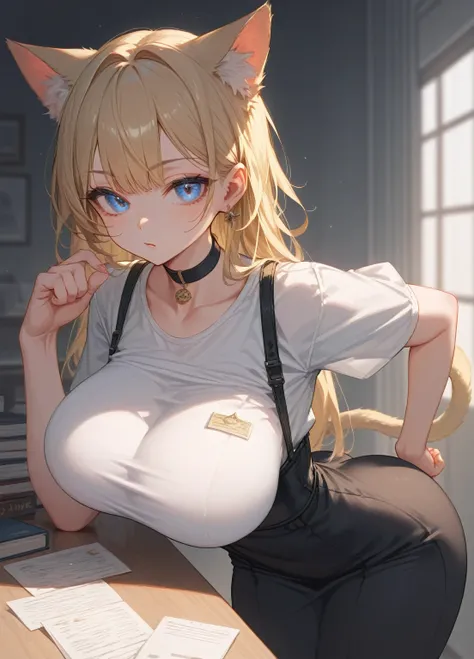 (masterpiece) (detailed) adult female cat girl, (seductive look), large breasts, (small waist:1.3), (thick butt), thick hips, white top clothes, black bottom clothes, black choker, blonde, blue eyes, bent over, looking at viewer, squeezing breasts, thin fa...