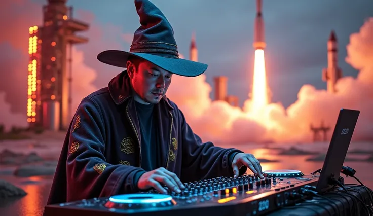 front image of elon musk dressed as a wizard controlling a mixing board, in the background rockets taking off, edm style, 2k