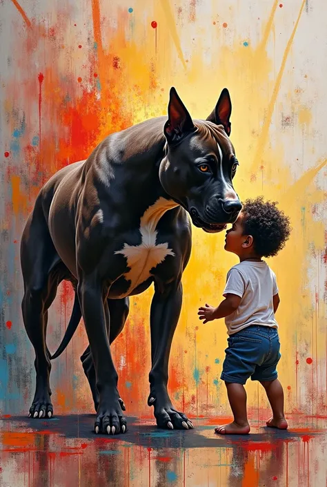 Un pit bullterrier et un bébé maroco asiatique peint au style artiste jackson Pollok beaucoup de couleur