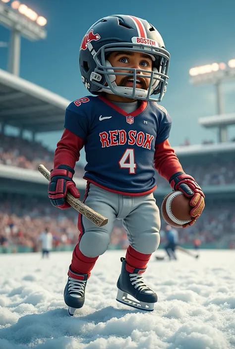 Un joueur avec un casque de NFL, un maillot de baseball des Boston Red Sox, une crosse de hockey dans la main gauche et une balle de baseball dans la main droite 
Décor : le Fenway Park avec de la glace dessus et dans le ciel des étoiles