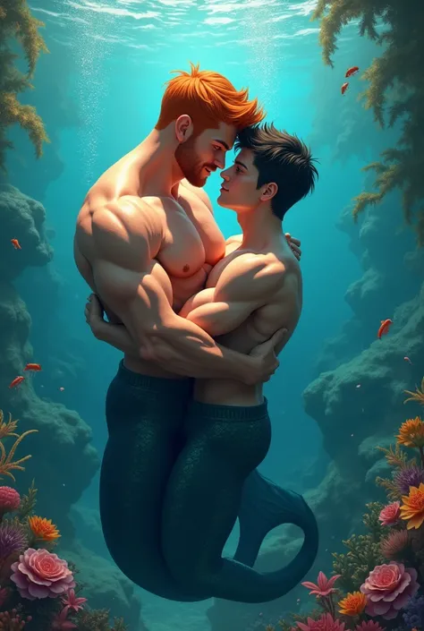 create redhead muscular merman, 1 black hair muscular boy, they love each other, in beautiful under water ocean background, ultra details, ultra realistic,