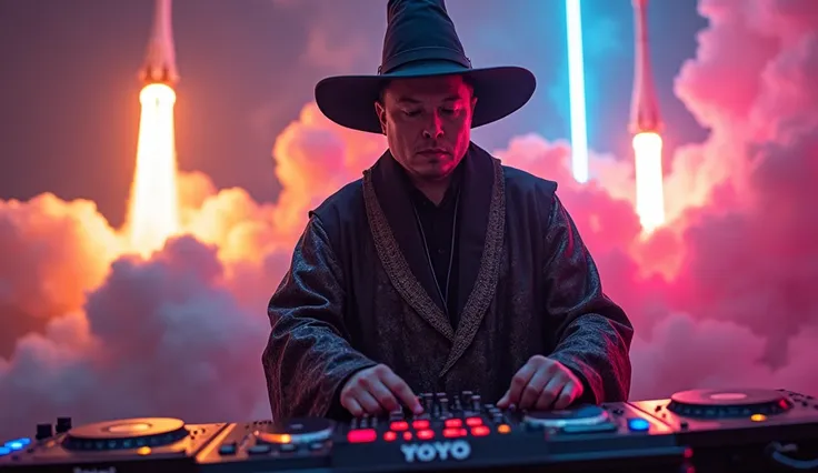 elon musk dressed as a wizard controlling a mixing board, in the background rockets taking off, edm style, 2k
