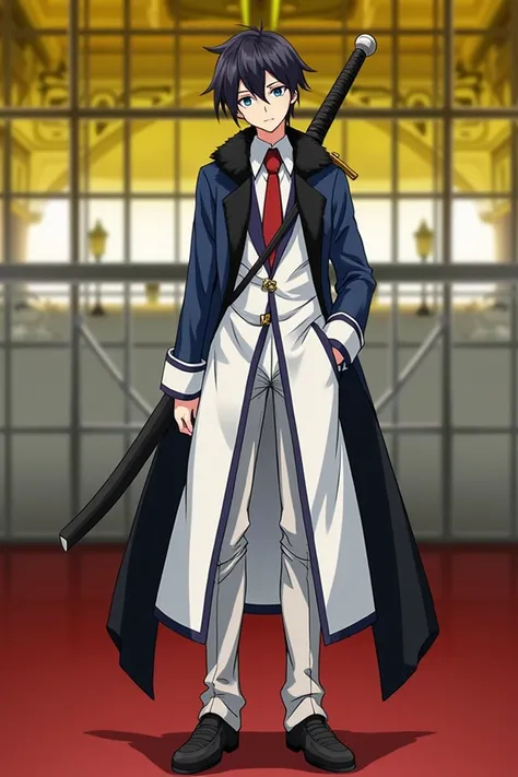 Zero no, Hiraga Saito, 2d, dressed in a blue coat, Dark black skinny pants, White shirt, hidden red tie, black shoes, blue eyes, semi-stocky, whole body, black fur, semi-stocky, sword in the back(the same as the image), face a little long 