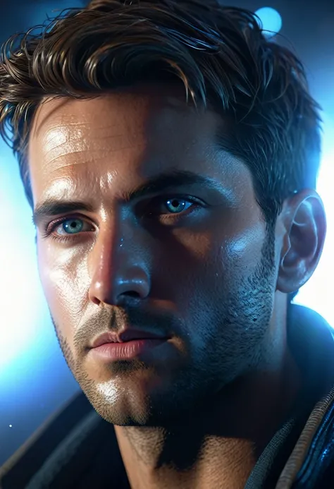 modelshoot style, (extremely detailed CG unity 8k wallpaper), portrait of (david:1.1), staring at us with a mysterious gaze, realistic, masterpiece, highest quality, ((scifi)), lens flare, ((light sparkles)), unreal engine, digital painting, Style-BladeRun...