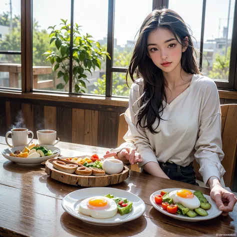 (a raw style, masterpiece, Highest quality, Very detailed), Spanish fitness girl enjoying a typical breakfast, Avocado toast with poached eggs, Served with chorizo, Tomatoes in the sun, Steaming hot coffee, Rustic wooden table, Natural light coming in thro...