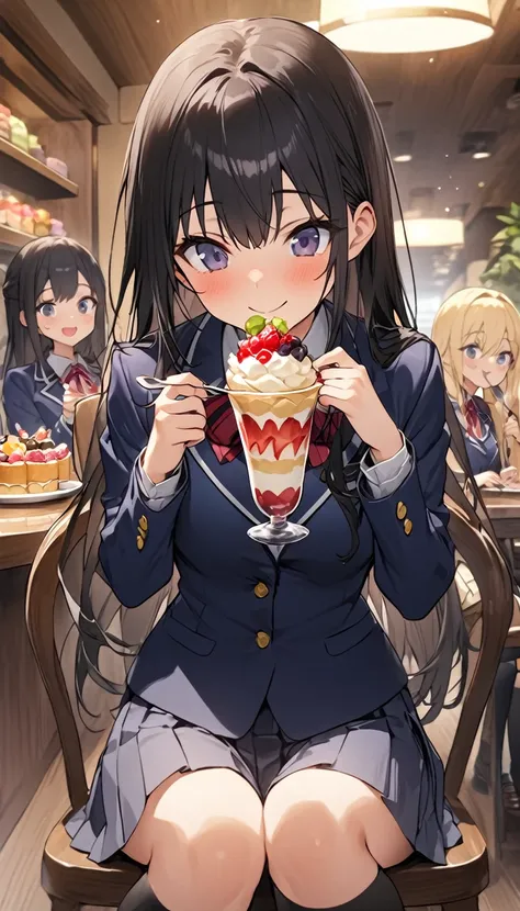 Two Women、Sisters、beautiful girl、sweets shop、Sit on a chair、Holding a fork、Eat sweets、Eat a parfait、Parfait to the table、high school girl、School、目を閉じてsmile、smile、Blazer uniform、Pleated skirt、Black knee-high socks、Long Hair、Highest quality、Ultra HD、Black Ha...