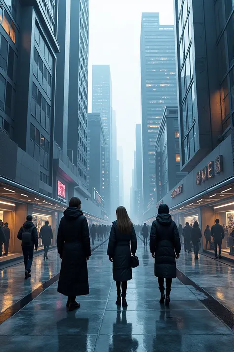 Futuristic place with black blue and gray colors, cyber clothes hangers in the middle of the city 