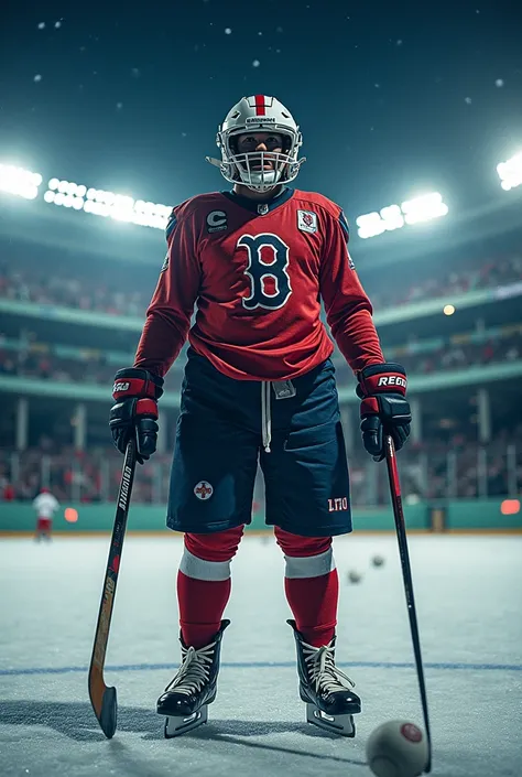 Un joueur avec un casque de NFL, un maillot de baseball des Boston Red Sox, une crosse de hockey dans la main gauche et une balle de baseball dans la main droite 
Décor : le Fenway Park avec de la glace dessus et dans le ciel des étoiles la nuit 

Feu 