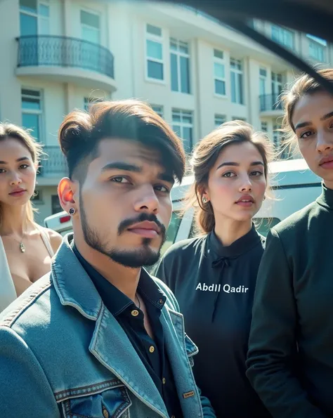 The 21 year beautifull boy with stylish dress standing with car and the name Abdul Qadir printed in the boy shirt and the beutiful girls are looking attractivly to the boy